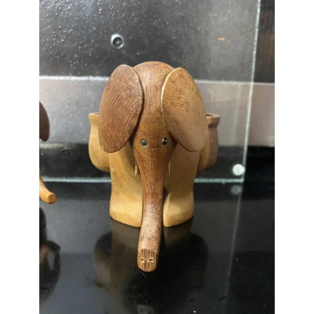Mid‎ Century Carved Wood Elephant Toothpick Holder Taiwan Set of Three 3 Vintage